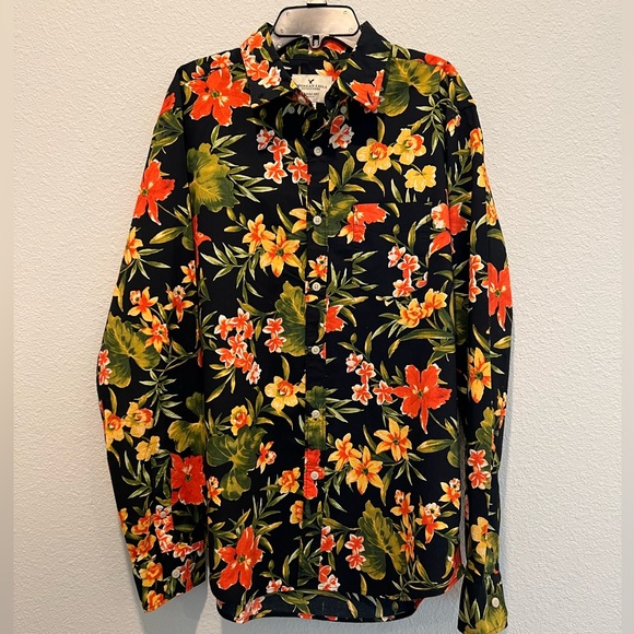 American Eagle Seriously Soft Vibrant Hawaiian Floral Tropical Print Shirt M - Picture 1 of 5